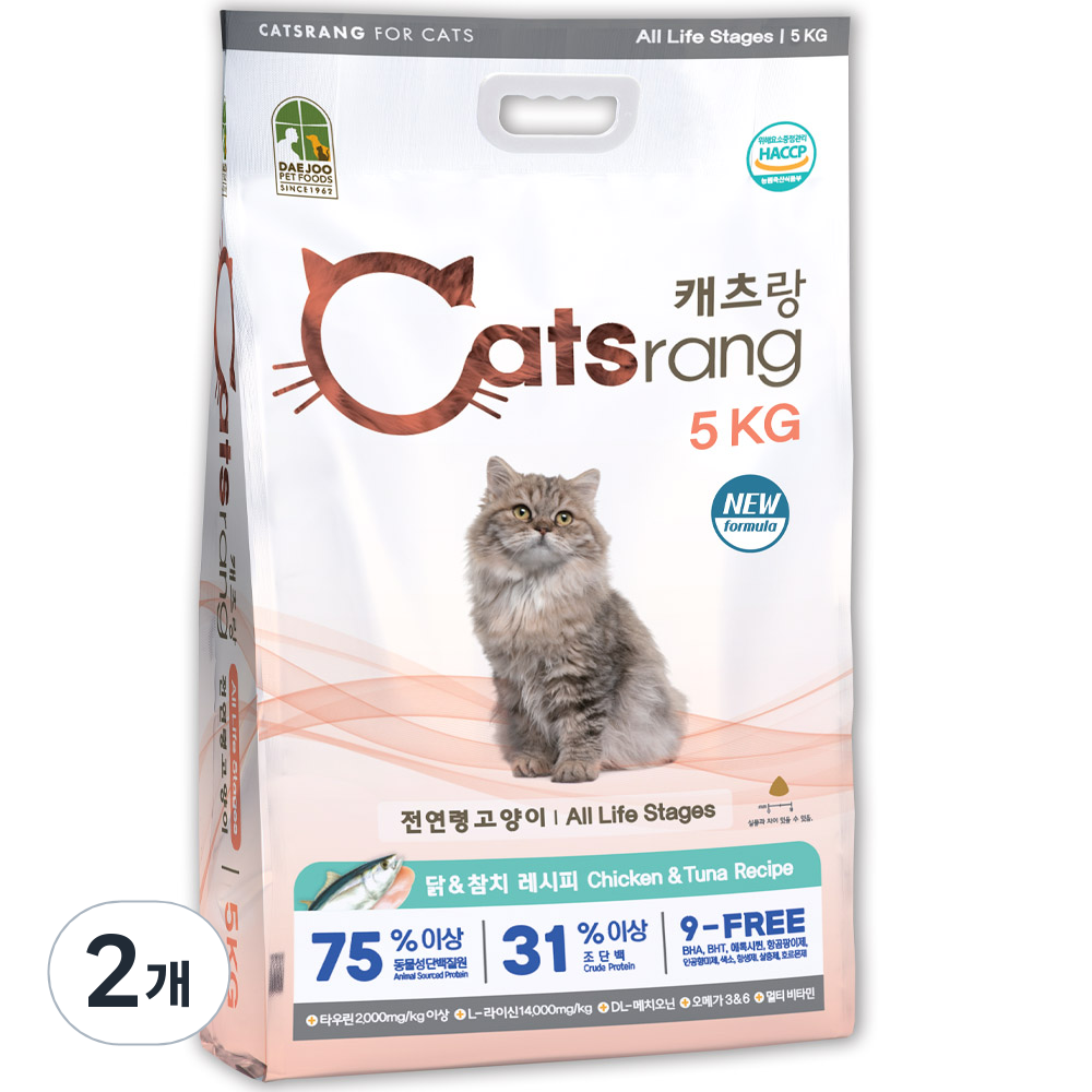 캐츠랑 전연령 올라이프 고양이 건식사료 2p, 닭 앤 참치, 5kg, 2개