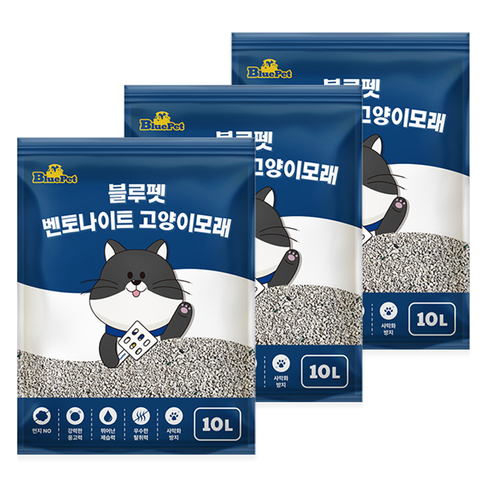 블루펫 응고형 벤토나이트 고양이 모래, 10L, 3개, 무향